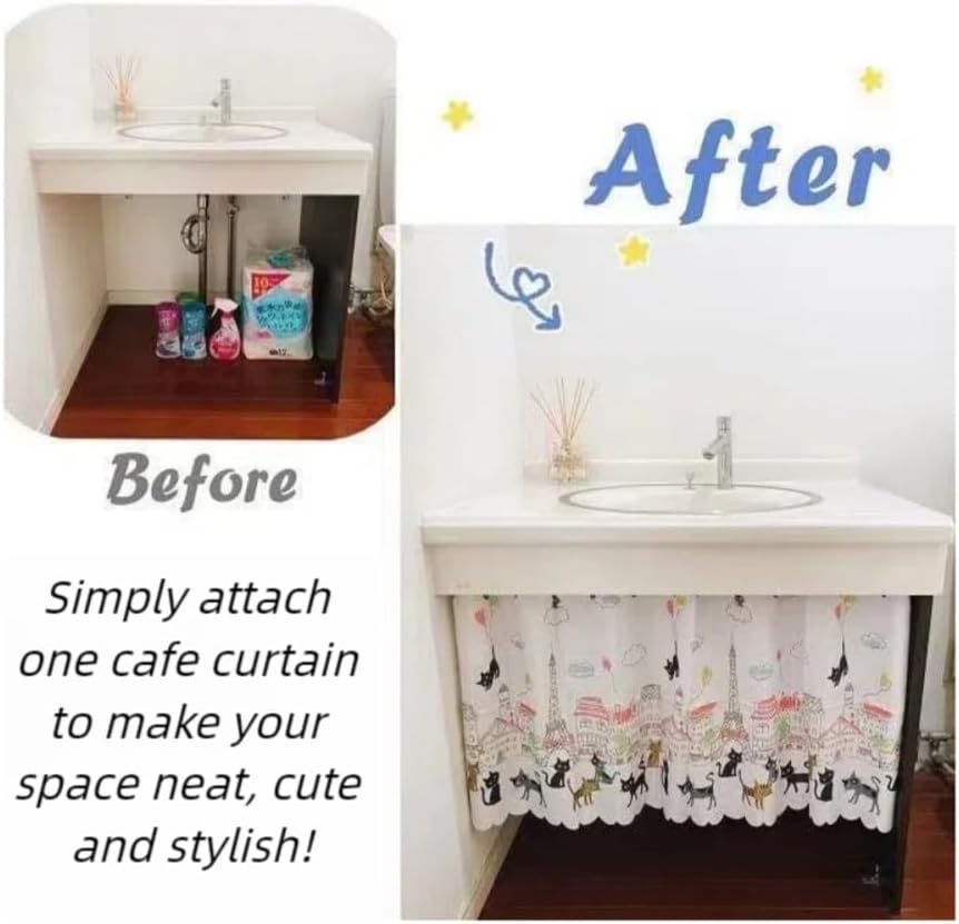 Miniatura 7 de Cortina de cocina para ventanas pequeñas, cortinas de 17.728.335.4 pulgadas, bonito patrón, semitransparente, privacidad del baño (gato París, 39.4