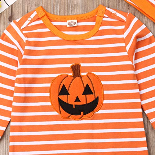 Bowanadacles Halloween Baby Girl Boy Outfit Clothes Newborn Infant Pumpkin Romper Stripe Jumpsuit Playsuit Hat/Headband4