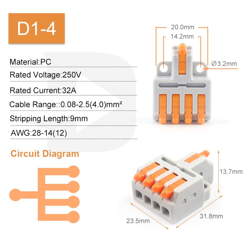 1 in Multiple Out Lever Wire Connectors 28-12 AWG Push-in Compact Splicing Wiring Terminals Quick Disconnects Home Junction Box(D1-4O)