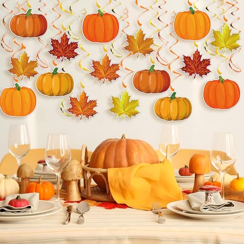 Image of Fall Decor Pumpkin Maple Leaf Hanging Swirls | Fall Thanksgiving Pumpkin Party Ceiling Decorations for Home, Classroom and Office Autumn Thanksgiving Harvest Decor Party