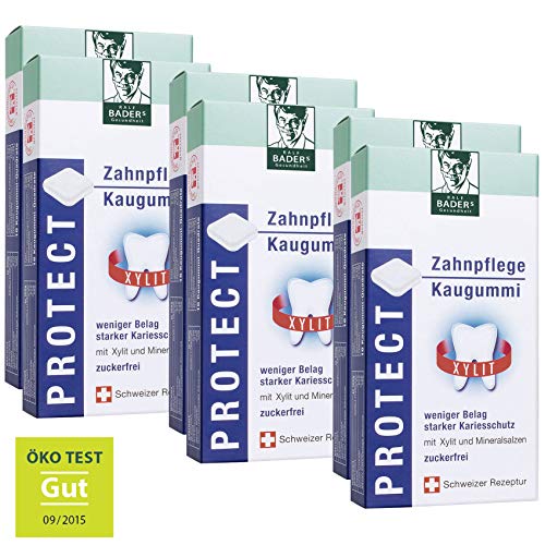 BADERs PROTECT Lot de 6 paquets de 20 carrés de caoutchouc à mâcher pour les dents plus blanches, sans sucre avec 20 carrés de caoutchouc à mâcher