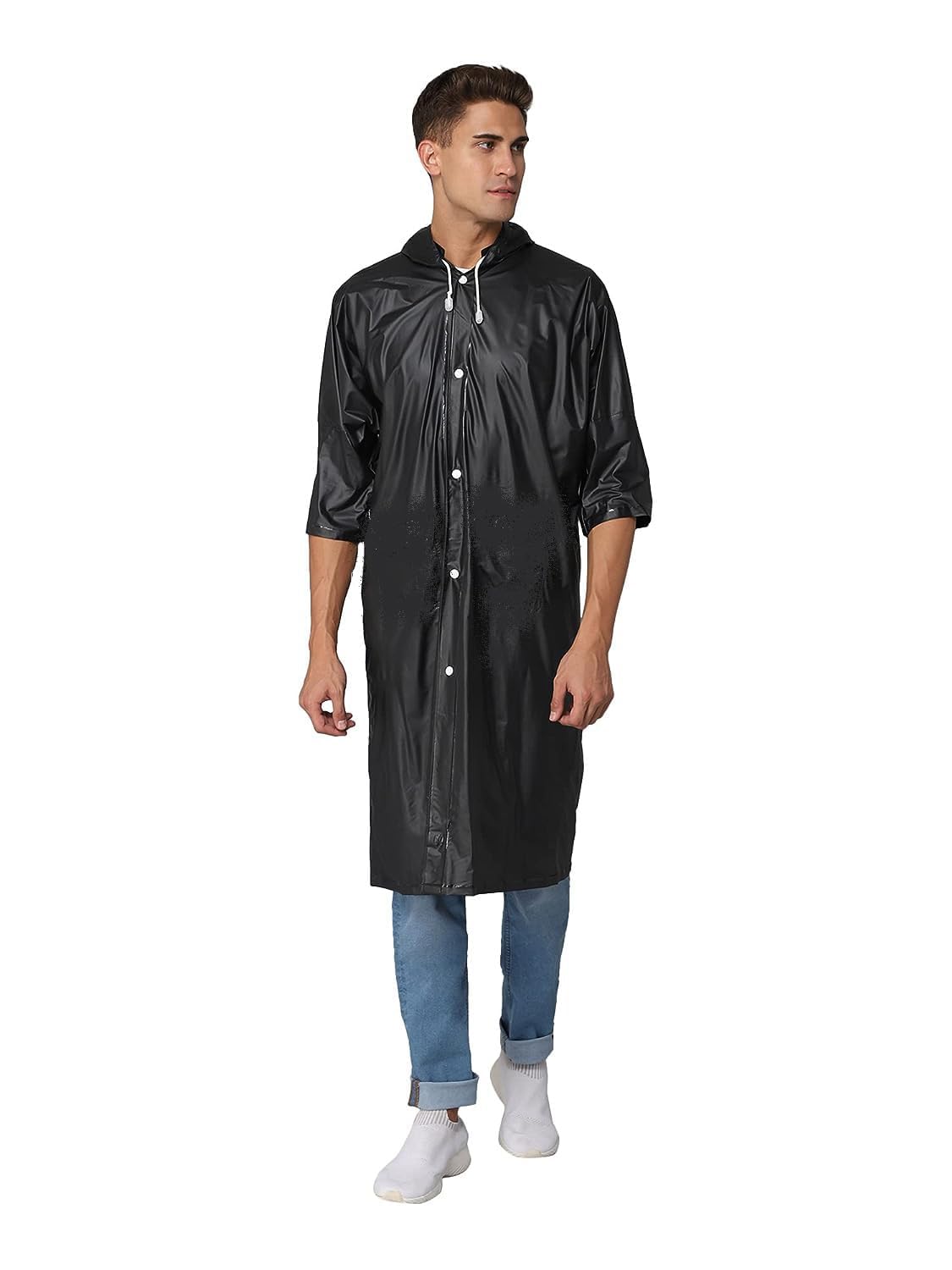 Spicom Men's Pack Of 1, Black 1 Pack Rain Poncho For Adults - Reusable Waterproof Raincoat With Hoods And Sleeves - Lightweight Eva Transparent Rainwear