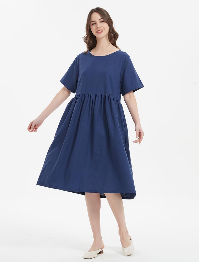 Minibee Women's Linen Tunic Summer Dress Casual Midi Dresses with Pockets - Image 2