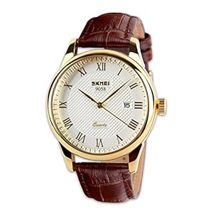Men’s Luxury Brown Genuine Leather Band Date Calendar Wrist Watch Aposon Mens Casual Business Analogue Quartz Waterproof Wrist Watches Classic Roman Numeral Simple Design Fashion Dress Wristwatch