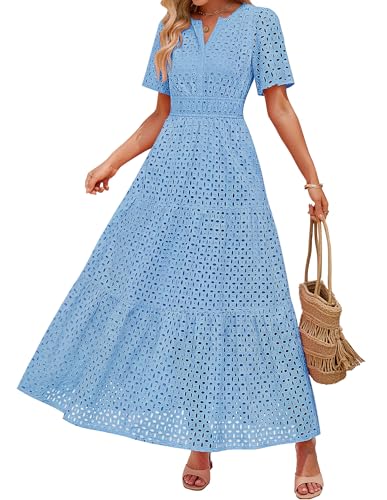 Image of ZESICA Women's 2026 Summer Short Sleeve Maxi Dress Casual V Neck Hollow Out Eyelet Ruffle Swing A Line Long Dresses