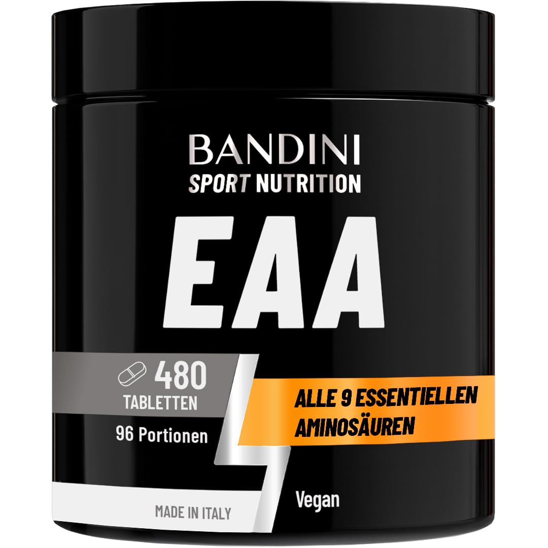Bandini® EAA Aminosäuren Komplex | 480 vegane Amino Tabletten mit 9 verschiedenen Aminosäuren | Essential Amino Pre Post Workout aus pflanzlicher Fermentation | Hochdosiert, laborgeprüft, GVO-frei