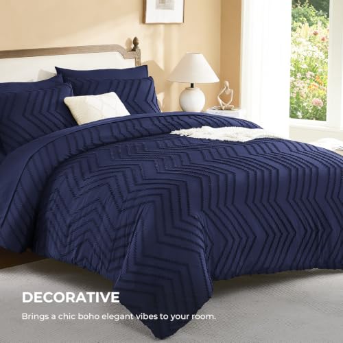 Image of Litanika California King Size Comforter Set with Sheets Navy Blue - 7 Pieces Bed in a Bag Cal King Chevron Tufted Complete Bedding Sets with Comforter, Sheets, Pillowcases & Shams