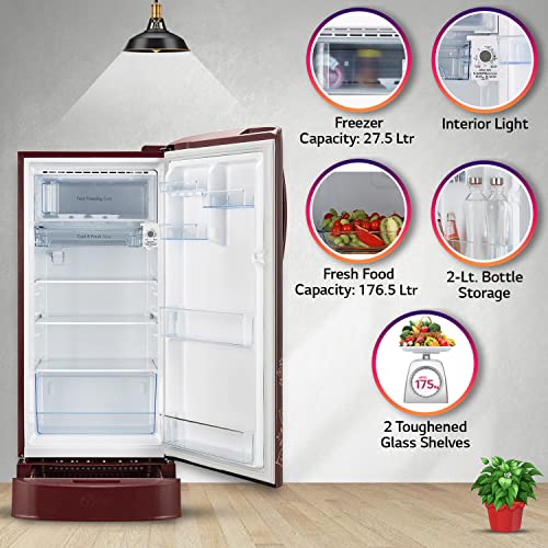 Image of LG 204 L 5 Star Direct-Cool Inverter Single Door Refrigerator Appliance (??GL-D211HRRZ, Ruby Regal, Base Stand with Drawer & Smart Connect, 2022 Model)