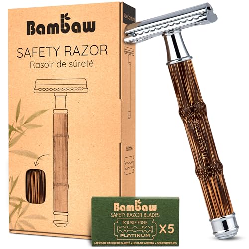 Bambaw Rasoir de Securité Femme & Homme avec 5 Lames de Rechange, Rasoir de Sureté Réutilisable pour le Visage & le Corps, Précis et Agréable à Utiliser...
