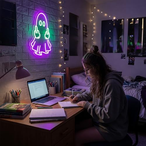 Image of Neon Sign, Ghost Neon Signs for Wall Decor LED Signs Neon Light | Ghost Neon Sign, Purple Led Sign for Bedroom, Gaming Room, Man Cave, Party, Bar, Halloween Decor, Boys Gift, USB Powered