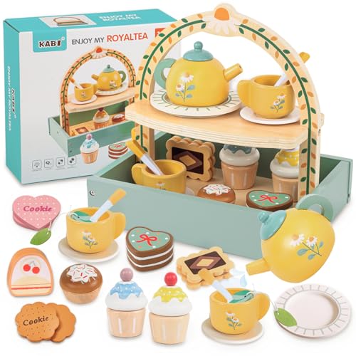 Masonbaby Wooden Tea Party Set for Little Girls,Kids Tea Set with Cookies & Cake Stand, Play Kitchen Accessories Wooden Pretend Play Food Toys for Girl Boy Birthday Gift