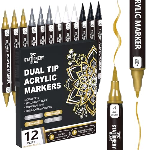 STATIONERY ISLAND Feutres Acryliques Métalliques – 12 Stylos Or, Argent, Blanc et Noir – Marqueurs Acryliques à Double Pointe Fine et Pinceau à Base...