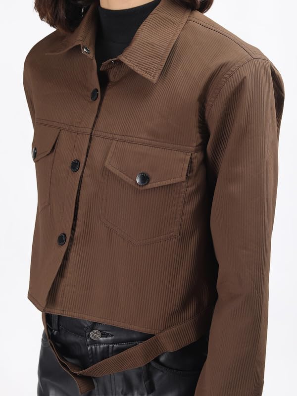 Image of CHKOKKO Solid Crop Jackets for Women stylish latest Long Sleeve Stylish Winter Shirt Jacket Casual Outerwear for Office