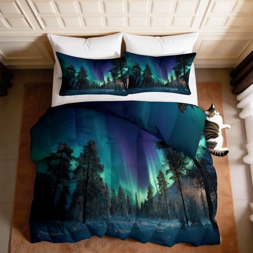 Edredón de 200 x 200 cm, color verde de 4 estaciones, de algodón lavado con diseño de fotografía Aurora Boreal, relleno de 400 g/m², ultra cálido y suave, edredón reversible con 2 fundas de almohada