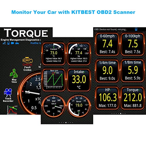 Kitbest Bluetooth OBD2 Scanner Mini OBD Car Diagnostic Code Reader for Android & Windows, Check Engine Light Scan Reader. Supports Torque Pro & Lite, OBD Fusion, DashCommand