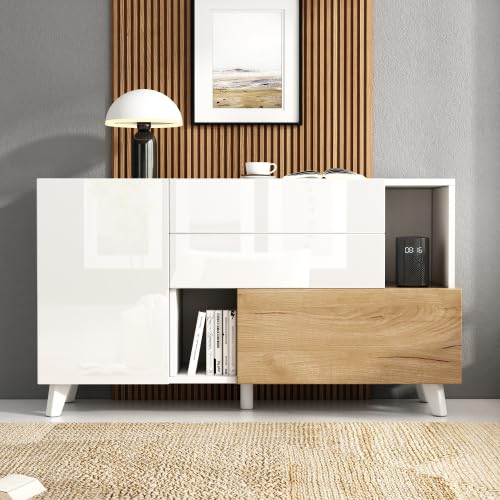 Merax Buffet brillant de 130 cm - Buffet moderne de style scandinave - Armoire de rangement multifonction avec 2 portes et 2 tiroirs pour salon, cuisine, salle...