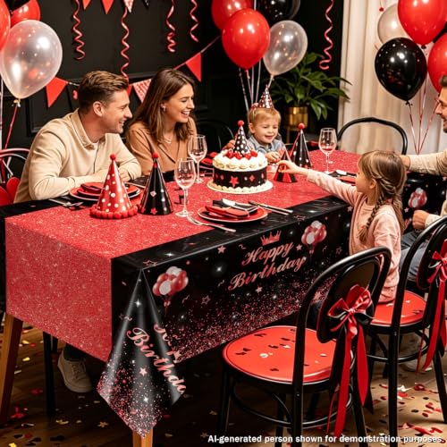 Image of 4 Pcs Happy Birthday Black and Red Party Tablecloths - Red Black Party Decorations Plastic Tablecloth Rectangular Table Covers for Boy Girl Baby Shower Birthday Table Supplies, 51 x 86.6 Inch