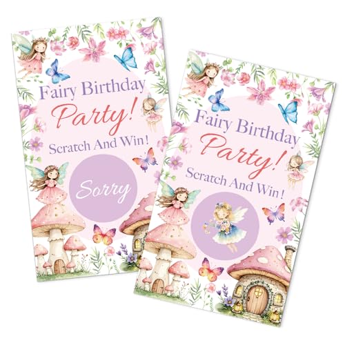 JMYROG 50 Pack Birthday Party Fairy Theme Game Scratch Off Cards, Mushroom House Scratch Cards for Girl Birthday Games, Lovely Fairy Tale Raffle Tickets for Family Activity, Baby Shower