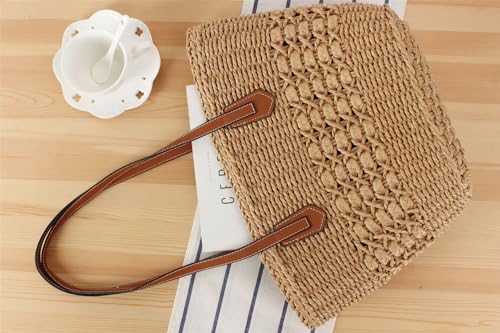 Womens Straw Tote Handbag - Summer Beach Bag with Top Handle - Handwoven Shoulder Bag - 20242