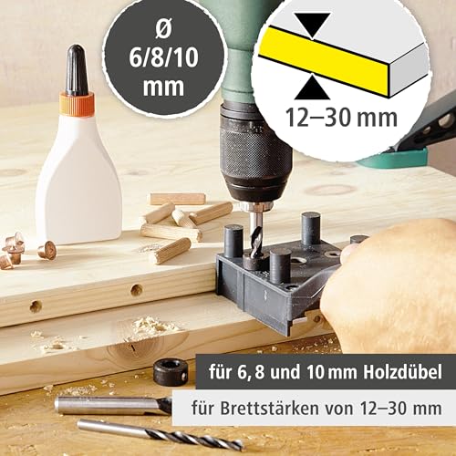 wolfcraft Universal-Meisterdübler-Set 4645000 | 78-teiliges Komplett-Starter-Set zur Herstellung von sauberen Holzverbindungen mit Ø 6, 8 und 10 mm Holzdübeln - 4