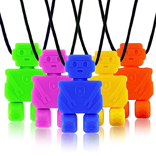 Collar mordedor autismo,5 Piezas Collar de Mordedores,juguetes Masticable sensoriales Colgante,Para niños Con TDAH, Dentición, Autismo, Necesidades Mordiendo(robot)