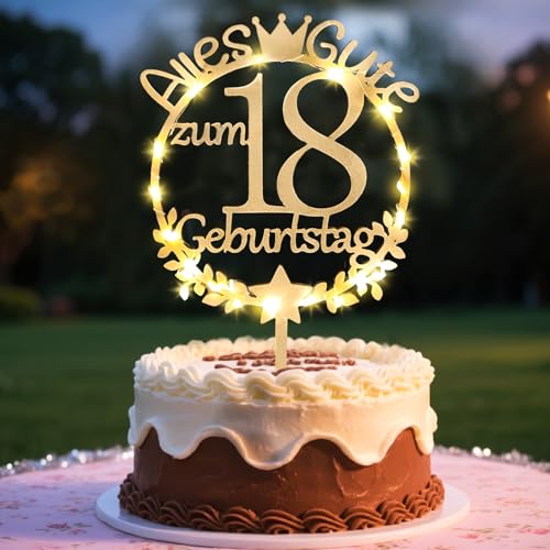 Tortendeko 18 Geburtstag Mädchen, Cake Topper Holz mit LED, 18. Geburtstag...