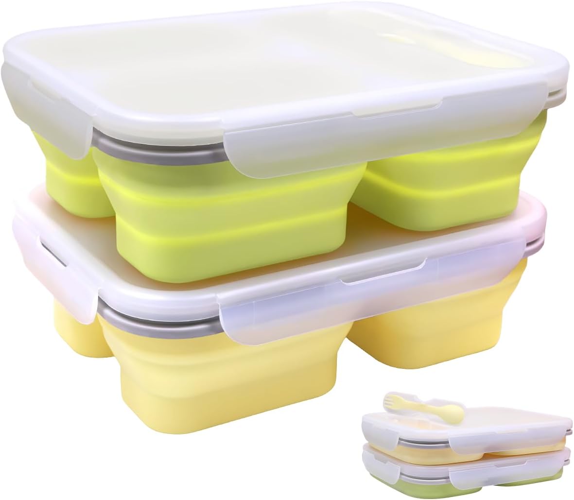 2 Pack Big Size Collapsible Silicone Bento Lunch Boxes With Lids Spoons Forks,3 Compartments, Divided Lunch Food Storage Containers, Safe in Microwave, Dishwasher and Freezer, 45.6oz, BPA Free