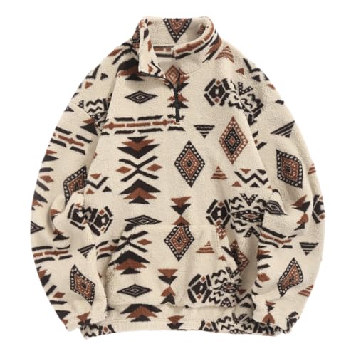 Image of ZAFUL Men 1 /4 Zipper Ethnic Aztec Fleece Unisex Winter Sweatshirt Tops 2026 | Funnel Neck Fluffy Polar Fleece Faux Sherpa Soft Thermal Pullover Kangaroo Pocket Jacket Hoodie Tops