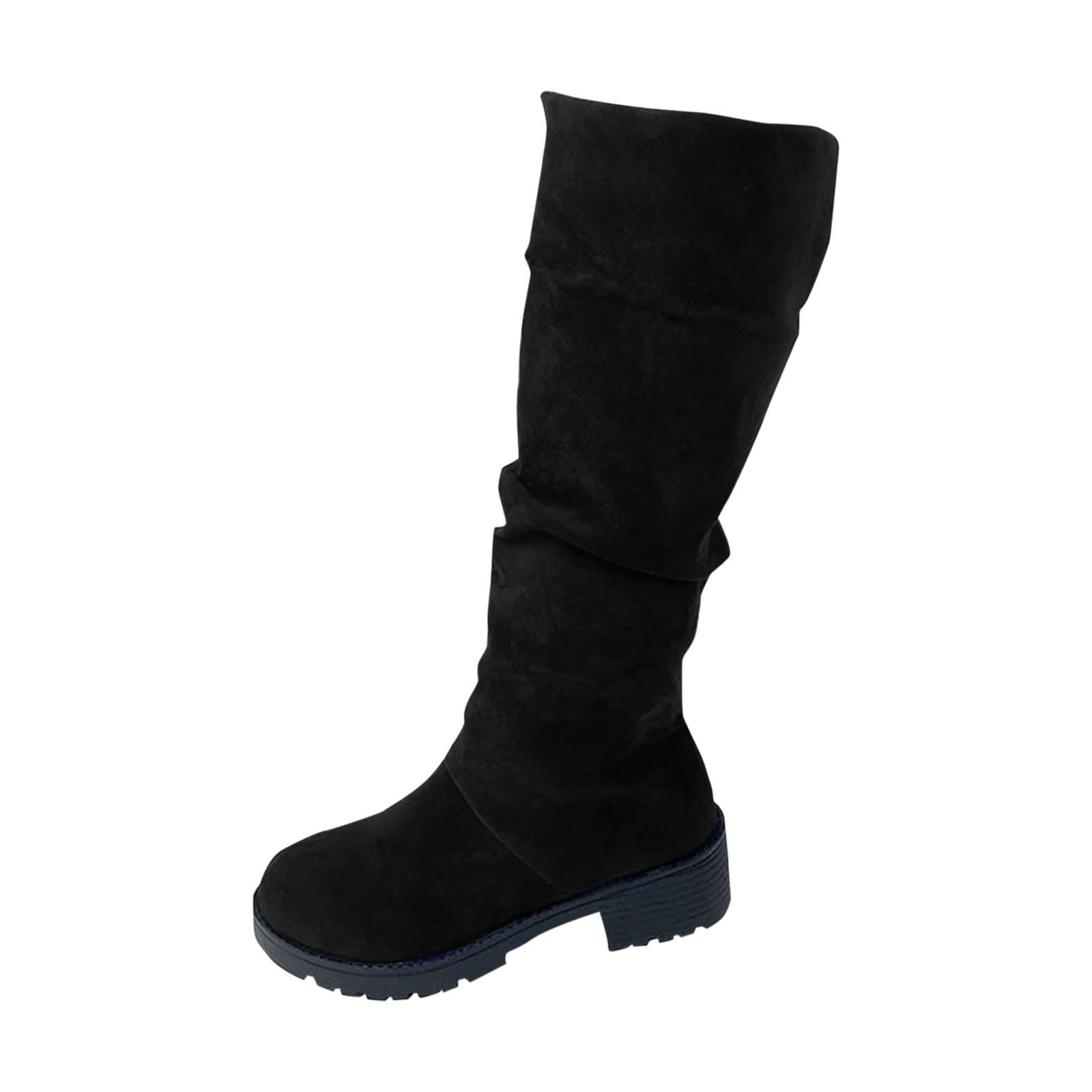 Women Suede Knee High Boots Slouchy Ruched Wide Calf Platform Chunky Block Heels Lug Sole Round Toe Non