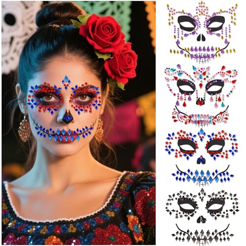 Halloween Face Jewels Temporary Tattoos 4 Pack Day of the Death Rhinestone Skull Face Gems Crystal Eye Glitter Stickers for Halloween Makeup Cosplay & Horror Party Supplies (4 PCS)