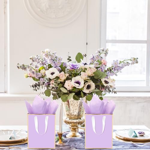 Image of Yeaqee 24 Pack Metallic Paper Gift Bag with Tissue, Light Purple, Gold | with Satin Ribbon Handle and Tissue, 9x7x3.1 Inch, Suit Business, Birthday, Christmas, Thank You Return Gifts Bags