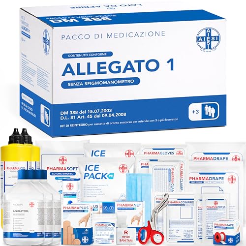 AIESI® kit di reintegro ALLEGATO 1 SENZA SFIGMOMANOMETRO pacco medicazione per cassetta di pronto soccorso aziende più 3 dipendenti, Conforme DM388/DL81, Made in Italy