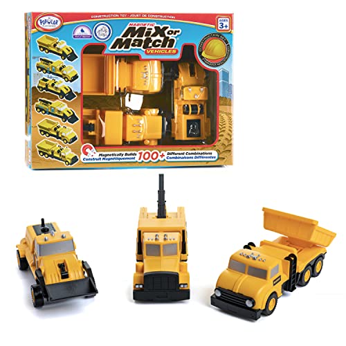 Popular Playthings Magnetic Vehicles for Toddlers 1-3, Mix or Match Car Toys, Set of 3 Gift for Kids - Construction Vehicles