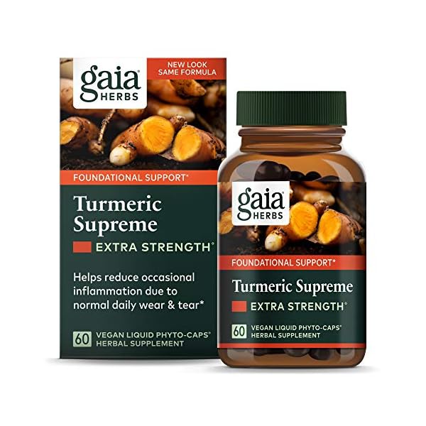 Gaia-Herbs-Turmeric-Supreme-Extra-Strength-Turmeric-Curcumin-Supplement-with-Black-Pepper-Daily-Joint-Support-Healthy-Inflammatory-Response-Vegan-Liquid-Capsules-60-Count Gaia Herbs Turmeric Supreme Extra Strength - Helps Reduce Occasional Swelling from Normal Wear & Tear - with Turmeric Curcumin & Black Pepper - 60 Vegan Liquid Phyto-Capsules (Up to 60-Day Supply)