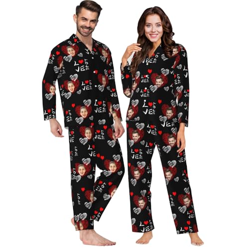 Personalized Face Photo Couple Pajamas Set, Custom Face Pajamas Button Down Matching Couples Pajamas for Women Men