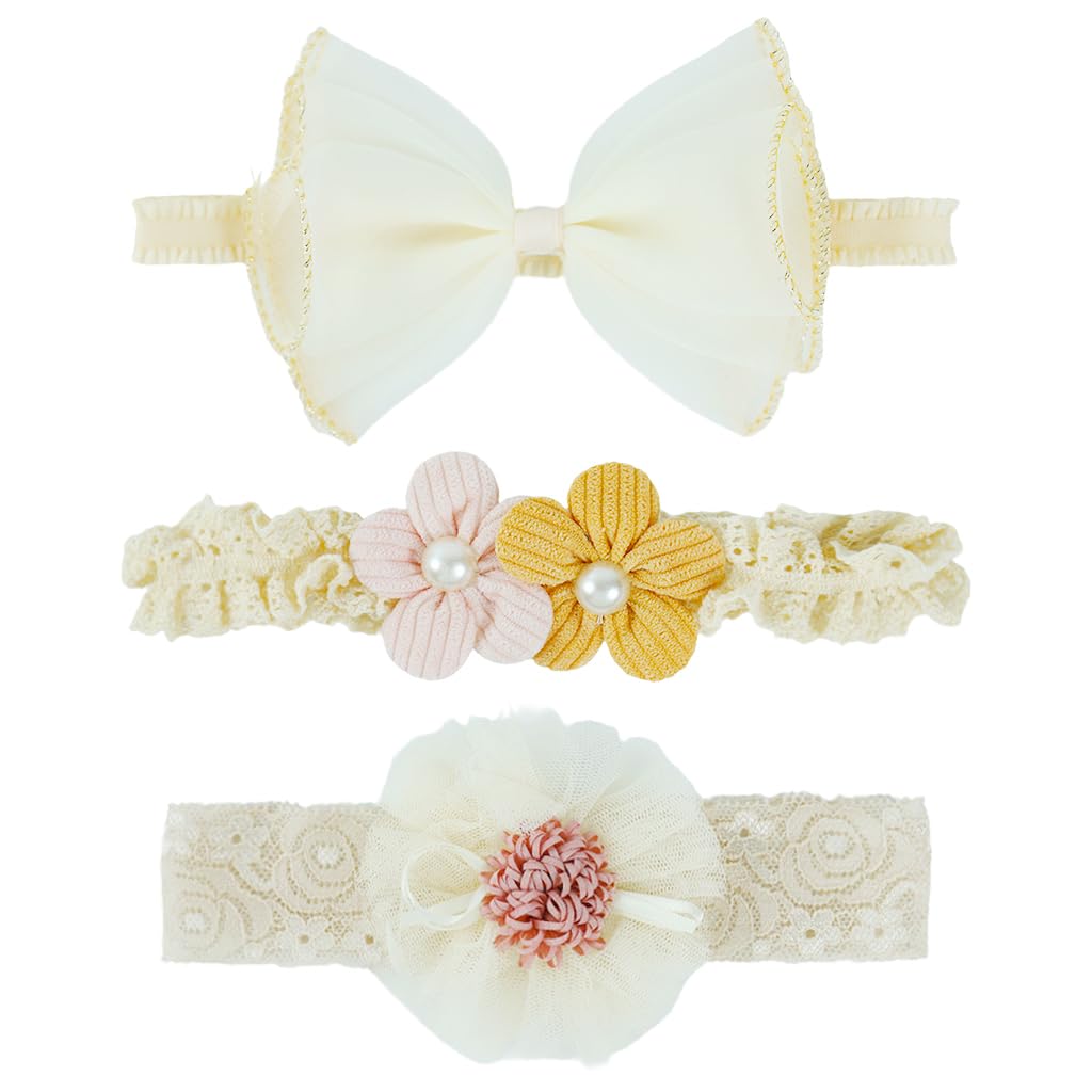 PALAY® 3Pcs Bow Hairband For Baby Girl,Lace Flower Headband For Baby Girl,Cute Elastic Newborn Hairband Hair Accessories Toddlers Gifts Multicolor