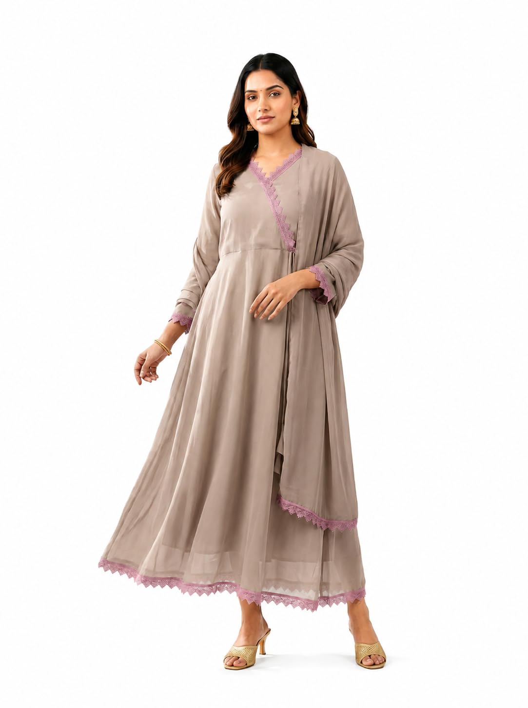 Georgette Anarkali Gown Set, Nude Beige with Pink Lace, Festive Ethnic Wear-image-26