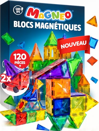 Magneo® Blocs Magnétiques 120 Pièces (2 Voitures) – Construction Enfant dès 3 Ans – Jeu Créatif avec Magnetic Tiles – Blocs Aimantés pour Garçons...