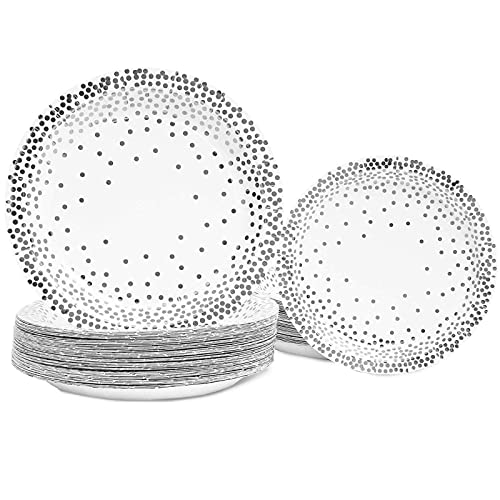 Serves 50 Guests Silver Party Supplies, 150 Piece Disposable Paper Plates And Cups For Wedding, Birthday Decorations (Foil Polka Dotted Design) #TOP4