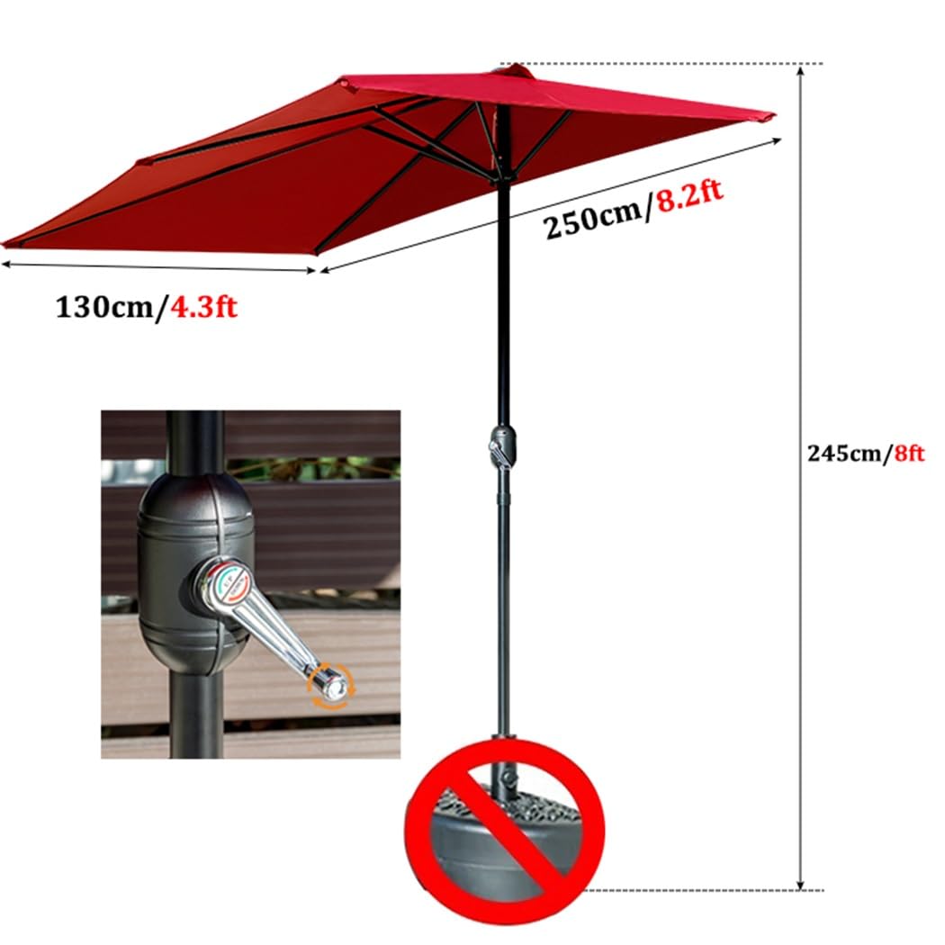 250cm Ombrellone Mezzaluna A Parete da Giardino, con Manovella, Protezione UV per Terrazza, Patio, Balcone, All'aperto(Wine Red)