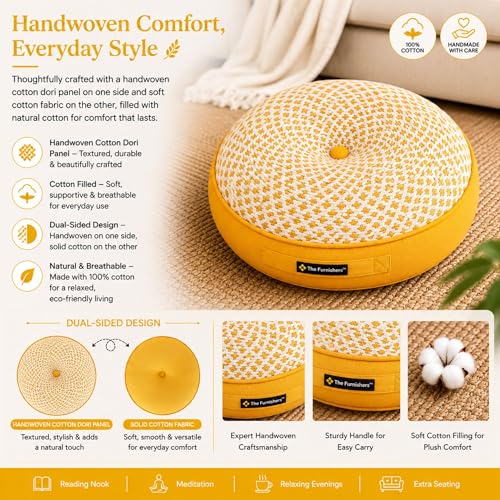Image of Reversible 60x60x10 cm Woven Quilted Yellow Floor Cushion with Cotton Filler for Seating, Patio Seat, Meditation, Yoga, Pooja, Guests, Living Room, Bedroom, Large Size 24x24x4 Inch