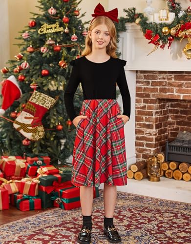 21KIDS Girls Buffalo Check Plaid Dress Kids Ruffle Long Sleeve Christmas Midi Dresses with Pockets for Girls 6-14 Years3