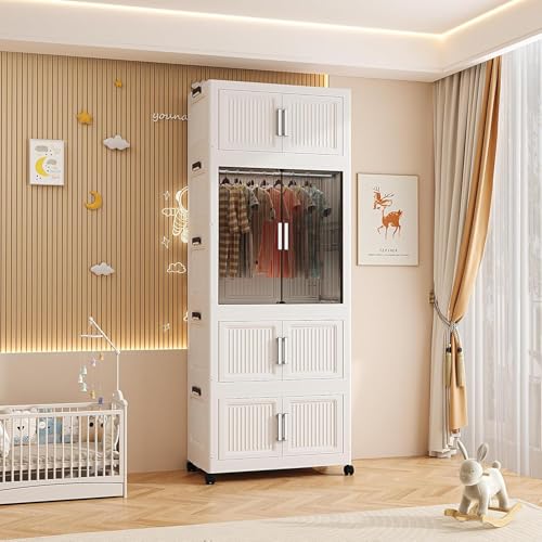 Image of Sunderlook Plastic Wardrobe for Kids Clothes - Collapsible Wardrobe, Easy to Use Anti-Skid & Non-Slip Effective Professional Foldable Plastic Cupboard for Kids, Home (White-YW, 4 Door)
