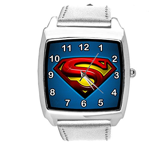 Taport® Montre à quartz carrée avec bracelet en cuir argenté pour les fans de Superman