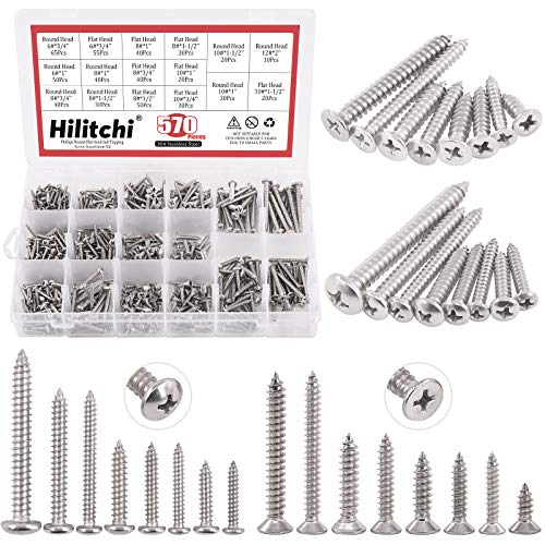 Hilitchi 570 Piece M 3 4 5 6 Stainless Steel Phillips Round Flat Head Self Tapping Screw Assortment Kit