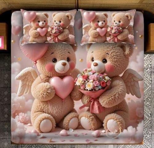 Image of Premium 7D Digital Printed Cotton Flat Bedsheet (90 X 100) Inch with 2 King Size Pillow Covers -300 TC Fabric, Design & Superior Comfort Double Bedsheet for Double Bed (Pink - Teddy Bear)