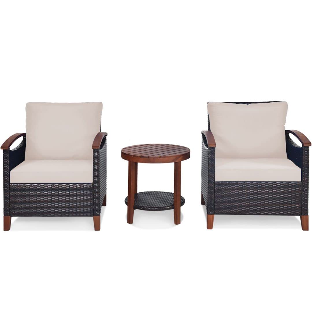 3 PCS Rattan Bistro Set, Outdoor Wicker Table Chairs with Cushion, Coffee Table & 2 Rattan Sofa, Patio Conversation Furniture Sets for Garden Backyard Poolside Porch (Round Table)