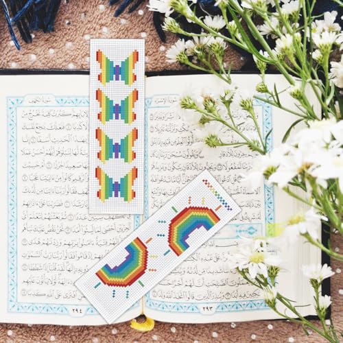 Image of BEUNITONE Cross Stitch Bookmark Kit 6 Pcs Rainbow DIY Bookmarks Cross Stitch Kits for Adults Beginners Love Heart Pre-Sorted Floss Cross-Stitch Stamped Embroidery Kit with Instruction 8''x2.4''