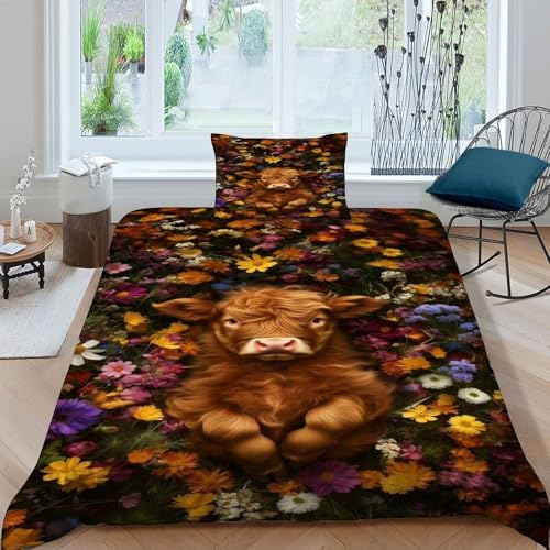 Housse de couette fleurs et veau 135x200 parure lit simple microfibre - 3