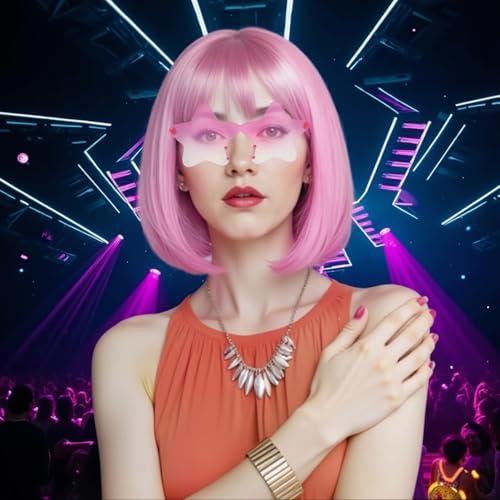 Image of ANOGOL Light Pink Bob Wig with Bangs Baby Pink Wigs for Women Colored Wigs | Hair Cap+Sunglasses Short Neon Wig for Bachelorette Party Funny Outfit for Women Halloween Costume Night Club Crazy Hair Day